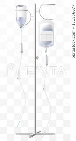 IV Stand with Drug Vial and Saline solution bag- Medical Infusion Pole with Hooks. Dropper Stand with Glass Medical Bottle. Laboratory equipment for blood transfusion. Realistic 3d Vector Illustration 131556077