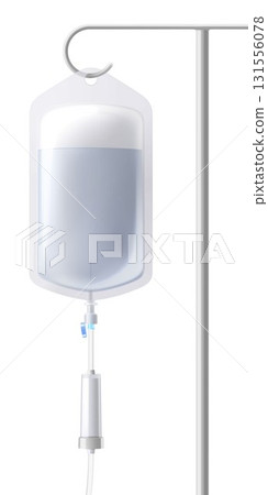 Medical drip system with Saline solution bag on tube isolated on transparent background. IV Blood Bag Dropper Stand. Laboratory equipment for blood transfusion. Realistic 3D vector illustration. 131556078