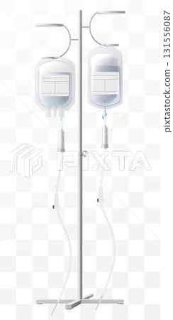 Medical drip system with bag on tube isolated on transparent background. IV Blood Bag Dropper Stand. Laboratory equipment for blood transfusion. Realistic 3D vector illustration. 131556087