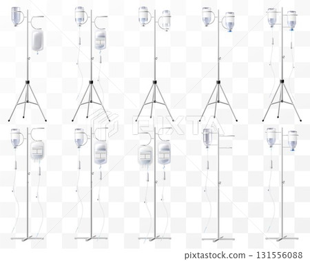 Set of Hospital IV Stands, Medical Infusion Pole with Hooks isolated on transparent background. IV Blood Bag Dropper Stand. Laboratory equipment for blood transfusion. Realistic 3d Vector Illustration 131556088