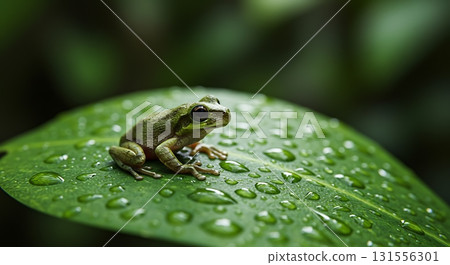 Small green frog with big eyes rests on a dewy leaf, showcasing nature's intricate beauty and delicate life in a vibrant, lush environment. 131556301