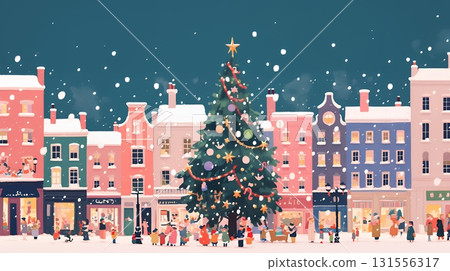 A white Christmas in the city, decorated with illuminations (pop and cute expression) 131556317