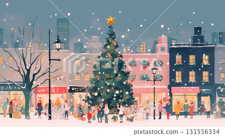 街上裝飾著彩燈的白色聖誕節（可愛又流行的表情） 131556334