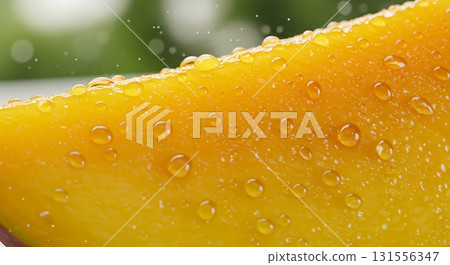Juicy mango slice glistening with fresh water droplets, capturing vibrant tropical essence for refreshing summer campaigns Juicy mango slice glistening with fresh water droplets, capturing vibrant tropical essence for refreshing summer campaigns 131556347
