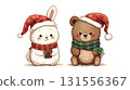 A bear and a rabbit dressed in Christmas clothes 131556367