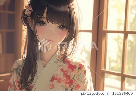 A beautiful woman in a kimono in a Japanese-style room 131556460