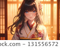 日式房間裡穿著和服的美女 131556572