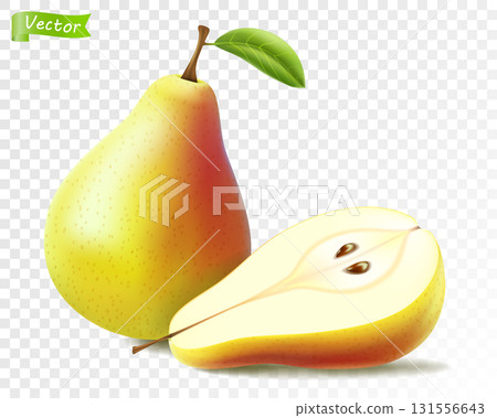 Pear whole and half for organic food Vector3d realistic, drink product design. Fresh sweet fruit full of vitamins for healthy eating, diet. Natural product, fruity ripe dessert. 131556643