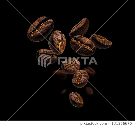 Coffee beans levitate on a black background Coffee beans levitate on a black background 131556670