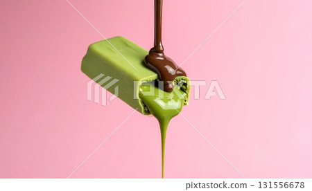 Chocolate sauce on a matcha sweets bar Dripping matcha cream Generative AI Chocolate sauce on a matcha sweets bar Dripping matcha cream Generative AI 131556678