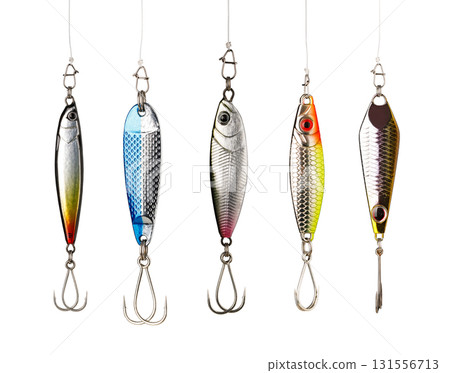 Five colorful fishing lures hanging on white background 131556713