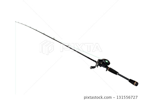 Fishing rod with green line on white background Fishing rod with green line on white background 131556727