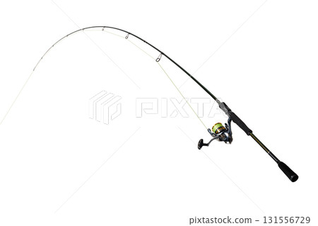 Fishing rod bending under the pressure of a fish pulling on the line 131556729