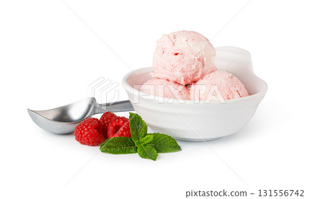 Raspberry ice cream scoops with fresh mint and ice cream scoop 131556742