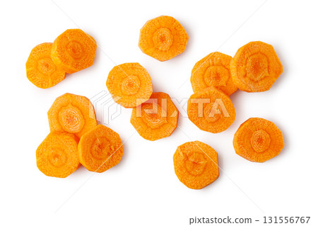Fresh carrot slices falling on transparent background 131556767