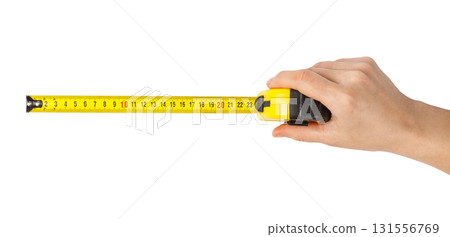 Hand holding measuring tape on transparent background 131556769