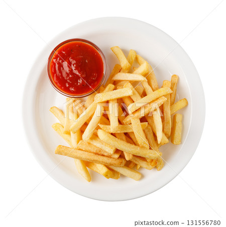 French fries with ketchup on white plate appetising lunch French fries with ketchup on white plate appetising lunch 131556780