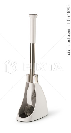 White toilet brush with metal handle standing in holder on white background White toilet brush with metal handle standing in holder on white background 131556793