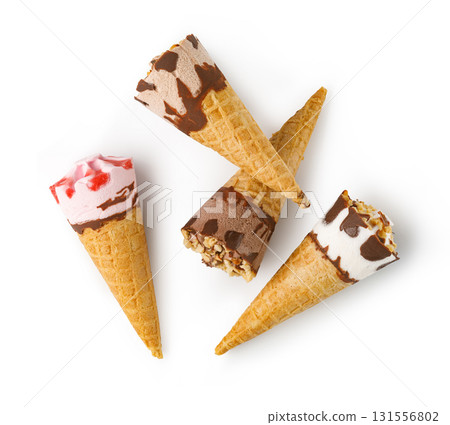 Delicious ice cream cones with assorted flavors on white background 131556802