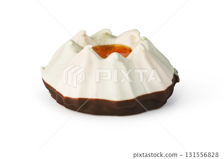 Delicious meringue cake with chocolate and apricot jam filling on white background Delicious meringue cake with chocolate and apricot jam filling on white background 131556828