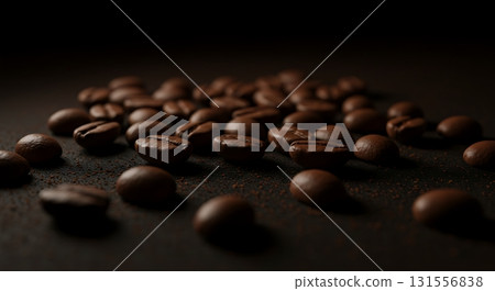 Rich, aromatic coffee beans scattered on a dark surface, perfect for morning brews and cafe branding. 131556838
