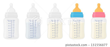 Baby bottle set. Vector flat illustration of filled and empty newborn baby plastic milk bottles with silicone and latex nipples isolated on white background. 131556877
