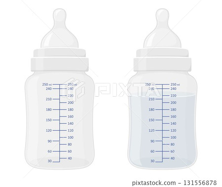 Baby bottle set. Vector flat illustration of filled and empty newborn baby plastic milk bottles with silicone nipples isolated on white background. 131556878