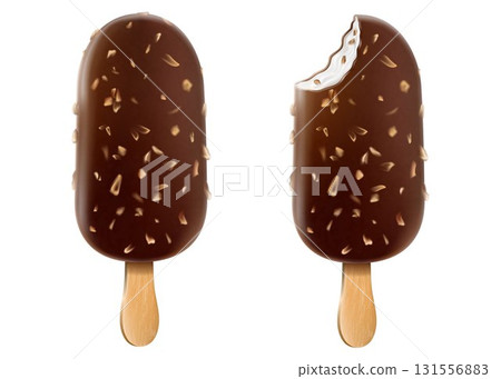 Ice cream with chocolate glaze and nuts on a stick. Brown whole and bitten chocolate ice cream popsicle with peanuts isolated on white background Realistic 3D vector food posters and summer banners. 131556883