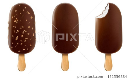 Ice cream with chocolate glaze and nuts on a stick. Brown whole and bitten chocolate ice cream popsicle with peanuts isolated on white background Realistic 3D vector food posters and summer banners. Ice cream with chocolate glaze and nuts on a stick. Brown whole and bitten chocolate ice cream popsicle with peanuts isolated on white background Realistic 3D vector food posters and summer banners. 131556884