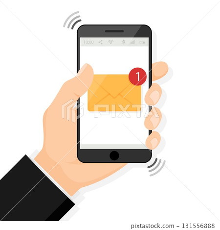 Hand holding smartphone with new email notification on mobile phone vector illustration, smartphone screen with new unread e-mail message and read mail envelope icons, inbox concept, flat design Hand holding smartphone with new email notification on mobile phone vector illustration, smartphone screen with new unread e-mail message and read mail envelope icons, inbox concept, flat design 131556888
