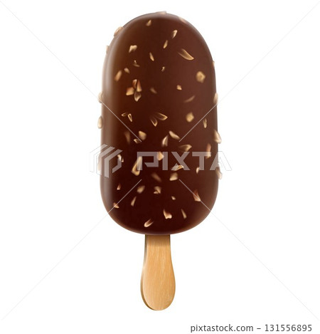 Realistic ice cream popsicle, covered chocolate coating with nuts on stick, isolated on white background. 3D vector illustration, clipping path 131556895