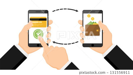 Money payment transfer in mobile. Online transaction with cash wallet and credit card. Two hands exchange electronic money. Concept of fast pay by purchase. Sending and receiving money. vector Money payment transfer in mobile. Online transaction with cash wallet and credit card. Two hands exchange electronic money. Concept of fast pay by purchase. Sending and receiving money. vector 131556911