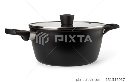 Black cooking pot with glass lid and handles on transparent background 131556937