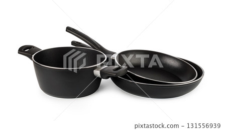 Set of non-stick cookware featuring frying pans and pot with handles Set of non-stick cookware featuring frying pans and pot with handles 131556939