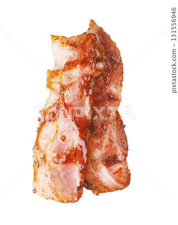 Two slices of crispy bacon falling on transparent background 131556946