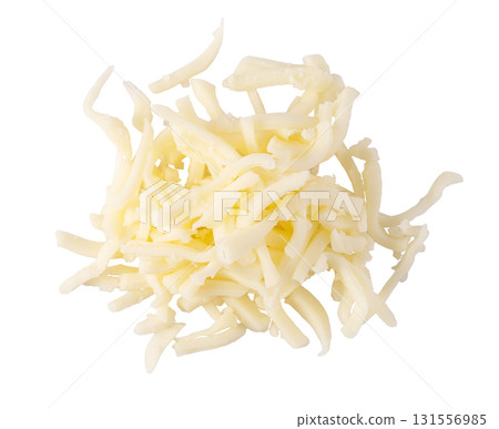 Shredded mozzarella cheese forming a pile on white background 131556985
