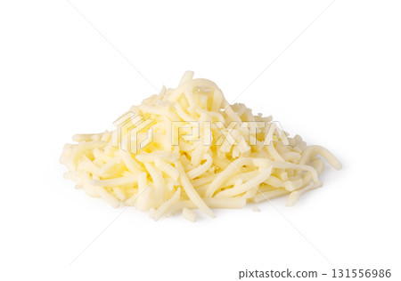 Heap of grated mozzarella cheese on white background 131556986