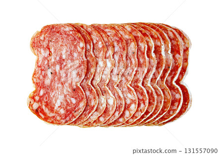 Salami slices arranging on a white background 131557090