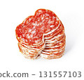 Salami slices stacking, representing delicious charcuterie and appetizer 131557103