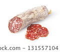 Salami sausage with slices on white background 131557104