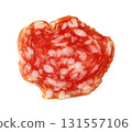 Salami slice displaying red meat and white fat texture 131557106