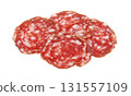 Salami slices pile on white background 131557109
