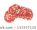 Salami slices cured meat appetizer on white background 131557110