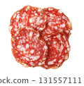 Salami slices isolated on white background 131557111