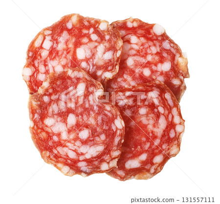 Salami slices isolated on white background 131557111