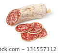 Dry cured salami whole piece and sliced food 131557112