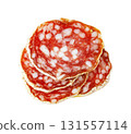 Salami slices isolated on white background 131557114