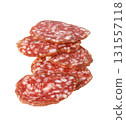 Stacked sliced deli meat isolated on white background 131557118