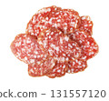 Salami slices pile on white background ready for eating 131557120