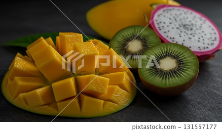 Vibrant, fresh mango, kiwi, and dragon fruit slices artfully arranged on a dark textured surface, bursting with tropical flavor and color. 131557177